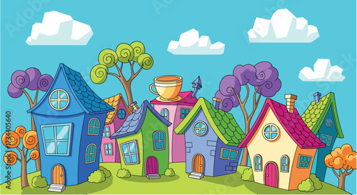 Whimsical Cartoon Village Illustration with Colorful Houses and Teacup
