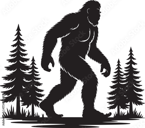 Bigfoot Silhouette Walking in Forest Cryptid Vector Illustration.