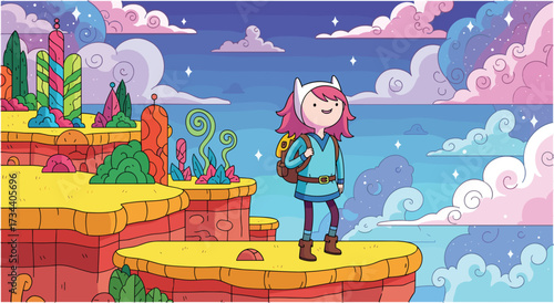 Pixel Art Cartoon Girl Explorer with Backpack Standing on Cliff Edge, Fantasy Landscape
