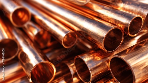 A close-up view of gleaming copper pipes, stacked haphazardly together, showcasing the material's reflective surface and strength, essential for various construction applications.