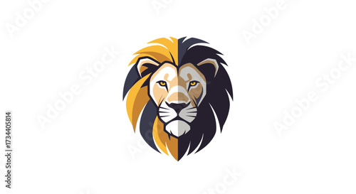 A stylized illustration of a lion's head, split into two contrasting color sections.