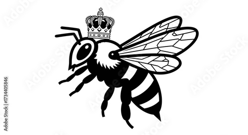 Illustration of a bee wearing a crown, depicted in black and white.