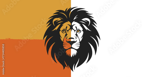 Digital illustration of a lion's head with a split color scheme, featuring black mane and orange/white face.