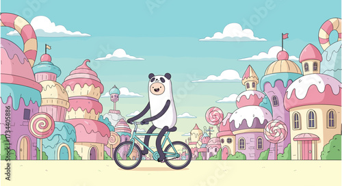 Whimsical Cartoon Panda Cycling Through Candy Land Illustration
