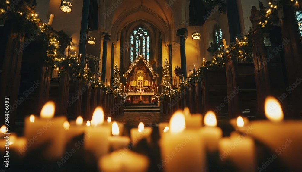 Fototapeta premium Lit candles sit in the foreground of a church decorated with Christmas trees, garlands, and lights for the holiday season.
