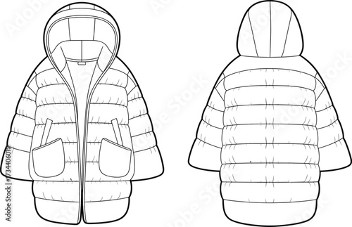 Winter puffer jacket flat sketch, hooded coat fashion vector, quilted outerwear design template, warm clothing CAD drawing, apparel technical illustration