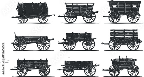 A collection of vintage wooden wagons and carts showcasing various traditional designs and styles..