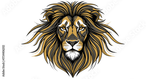 A majestic lion's detailed face with a flowing mane, facing forward, isolated.
