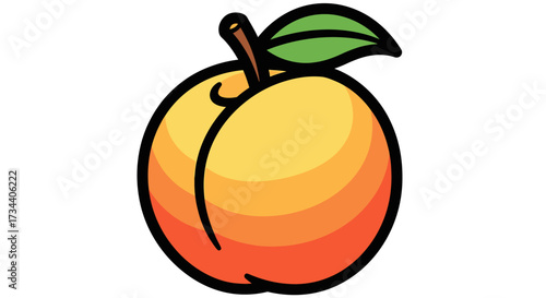 A vibrant illustration of a ripe peach fruit with a green leaf and stem.