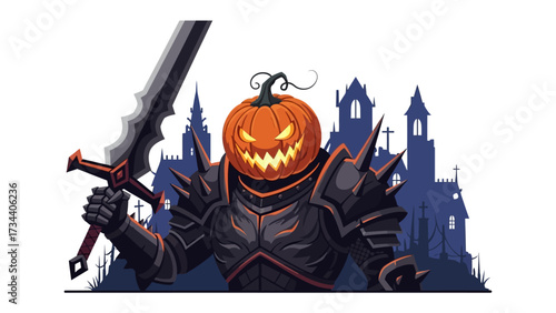 Jack-o'-lantern with Sword: A vibrant illustration of a Jack-o'-lantern-headed warrior, brandishing a formidable sword, set against the backdrop of a gothic castle. Capturing the thrill of Halloween.