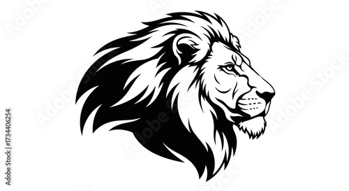 A black and white illustration of a lion's head in profile, showcasing its mane and facial details.