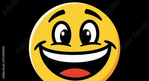A bright yellow smiley face with wide eyes and a big, happy grin against a black background.