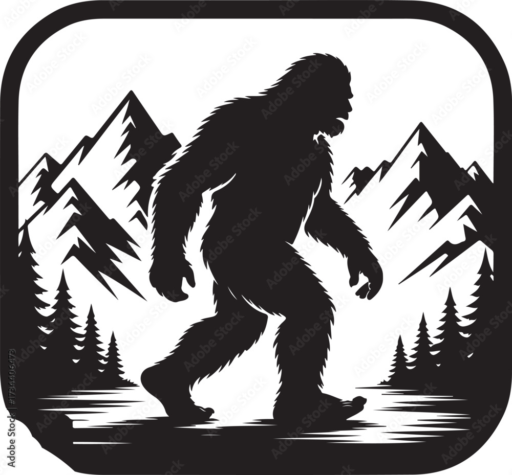 Fototapeta premium Bigfoot Silhouette Walking in Forest Cryptid Vector Illustration.