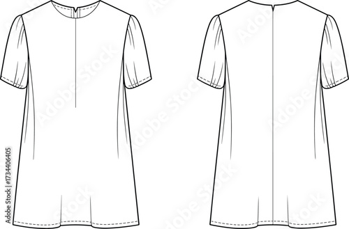 Women short sleeve blouse flat sketch, fashion top vector illustration, casual shirt design template, clothing CAD drawing, apparel technical fashion outline