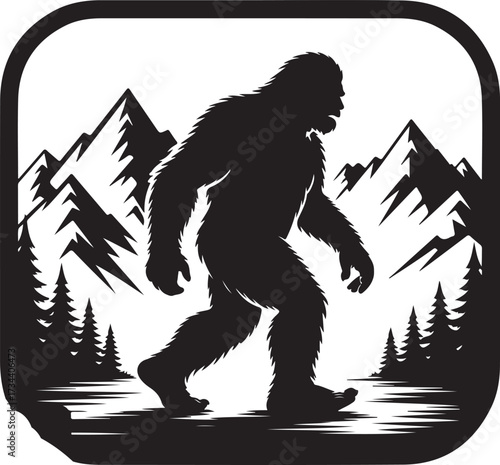 Bigfoot Silhouette Walking in Forest Cryptid Vector Illustration.