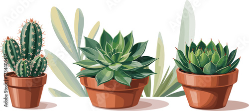 Cactus and succulent plants illustration, terracotta pots, indoor greenery decor, flat vector, botanical clipart, desert plant art, home gardening