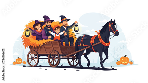 Halloween carriage: A group of people dressed in costumes rides in a carriage, illuminated by lanterns and driven by a horse in a Halloween scene.