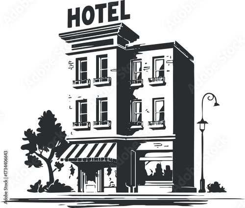 A stylized illustration of a hotel building with classic architectural elements and street features..
