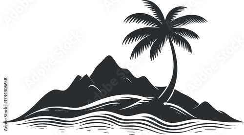 A silhouette of a tropical island with palm trees and mountains over ocean waves..