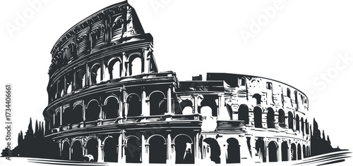 Stylized illustration of the Colosseum in Rome showcasing its iconic architecture and historical significance..