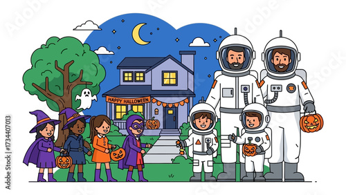 Halloween Cosplay: Children in a festive setting celebrating Halloween dressed in various costumes, walking on the street at night. The whimsical illustrations feature ghosts, jack-o'-lanterns.