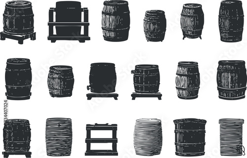 Collection of vintage wooden barrels in various styles and arrangements for decorative purposes..