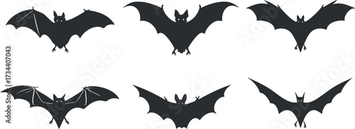 A collection of six black bat silhouettes showcasing different flying positions and styles..