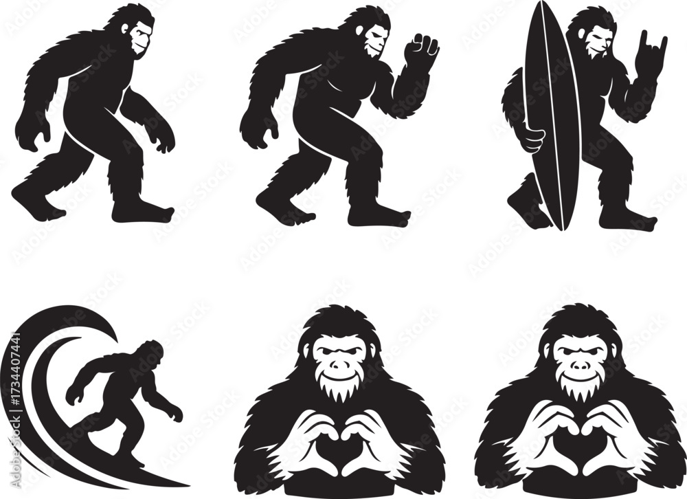 Fototapeta premium Bigfoot Silhouette Walking in Forest Cryptid Vector Illustration.