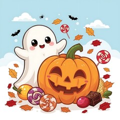 Crédence de cuisine  Friendly Ghost and Pumpkin Halloween Cartoon with Candy and Leaves  © Maruf
