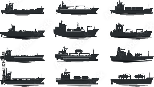 Collection of various ship silhouettes representing different types of marine vessels and cargo transport..