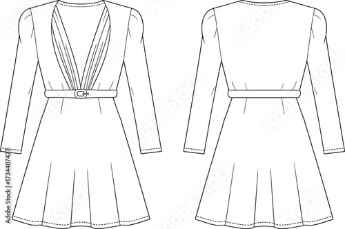 Women deep V-neck dress, long sleeve belted fashion sketch, elegant outfit design flat drawing, vector CAD clothing illustration template
