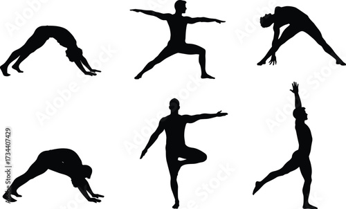 Silhouette of man practicing yoga poses, meditation, balance, stretching exercise, healthy lifestyle, relaxation, mindfulness, fitness workout, flexibility training outdoors