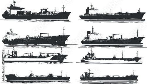 Silhouettes of various cargo ships and tankers arranged in a visually appealing layout..