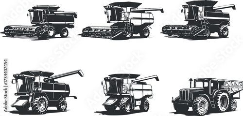 Illustration of various combine harvesters and tractors in black and white silhouette style..