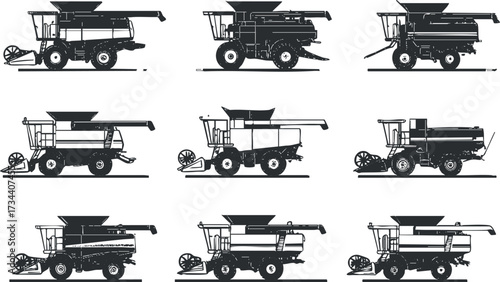 Illustration of various types of harvesters showcasing agricultural machinery for crop production..