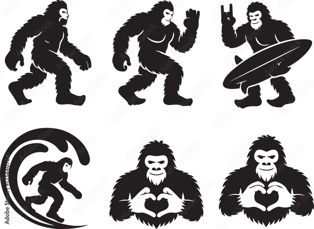 Fototapeta premium Bigfoot Silhouette Walking in Forest Cryptid Vector Illustration.