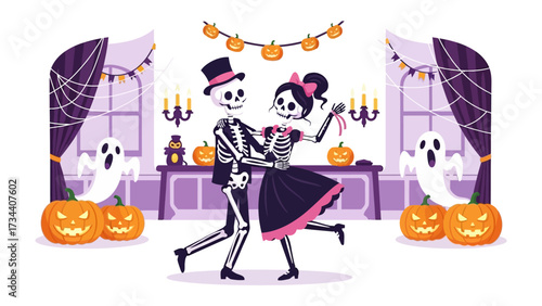 Spooky Dance of the Skeletons: In a whimsical illustration, a skeletal couple waltzes in a festive Halloween setting. Pumpkin decorations and ghost figures add to the eerie ambiance.