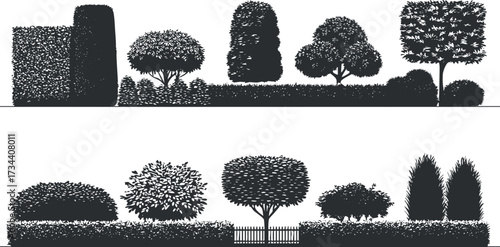A collection of stylized silhouettes of various hedges and trees in a garden landscape..
