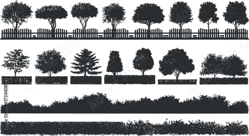 Silhouettes of various trees, bushes, and fences ideal for landscape design and gardening..