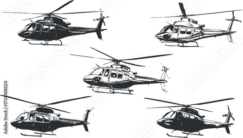 Illustration of multiple helicopters in black and white showcasing various designs and styles..