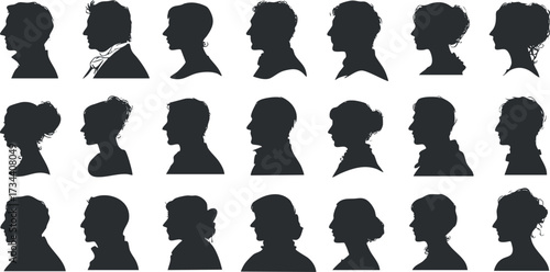 A collection of diverse silhouettes representing various human profiles in black and white style..