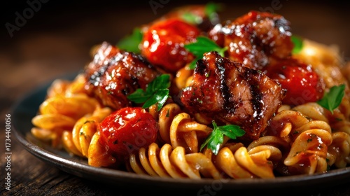 This inviting dish of pasta, succulent grilled meat, and fresh tomatoes presents an aromatic feast for the senses, perfect for Italian food enthusiasts and gatherings.