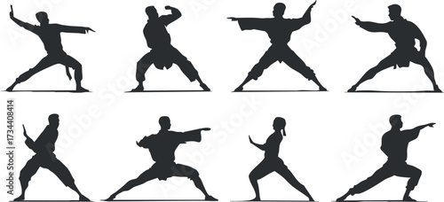 Dynamic silhouettes of martial artists showcasing various poses and movements in martial arts..