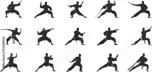 Dynamic silhouettes of martial artists showcasing various poses and movements in action..