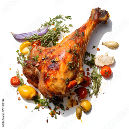 Roasted lamb leg with potato and green bean. Black background. Close up. Top view. stock photo