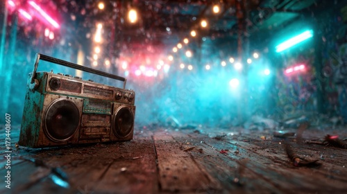 An old-school boombox rests upon a wooden floor, surrounded by colorful lights and confetti, capturing the essence of nostalgia and vibrant party vibes in a lively atmosphere.