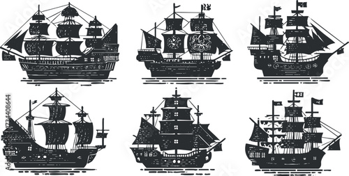 A collection of six stylized black and white pirate ships illustrations for maritime themes..