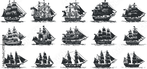 Collection of vintage sailing ships illustrated in black and white depicting maritime history..