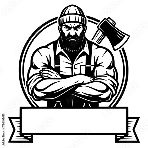 Bearded Lumberjack Mascot Emblem with Axe and Blank Banner, lumberjack, beard, axe, mascot, woodcutter