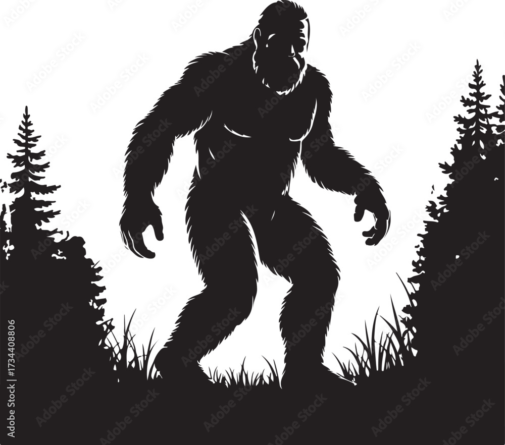 Obraz premium Bigfoot Silhouette Walking in Forest Cryptid Vector Illustration.